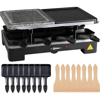8 Personen Set Raclette - Mit Grillplatte & Steinplatte Funktion - Tischgrill inkl. Pfännchen & Schaber (Eckig)
