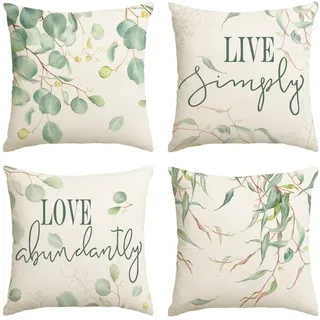 Artoid Mode Eukalyptus Live Simply Love Abundantly Frühling Kissenbezüge 4er Set, 45x45 cm Sommer Zierkissenbezug Couch Wohnzimmer Deko