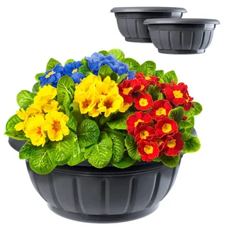 KADAX Blumenschale, runde Pflanzschale, Pflanzkübel aus Kunststoff, wetterfester Blumenkübel für Außen, Blumen, Pflanzen, Garten, Balkon, Pflanzgefäß (⌀ 30 cm 2er Set, anthrazit)