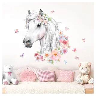 DEKO KINDERZIMMER Wandsticker Pferdekopf mit Blumen Wandtattoo Schmetterlinge Mädchen Babyzimmer Wandaufkleber Tiere Wanddeko DK1046-4