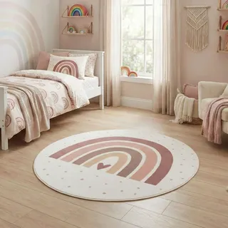Carpetsale24 Kinderteppich Regenbogen Spielteppich rund 120 cm für Kinderzimmer in Creme mit Herz Motiv ideal für kleine Spielecken
