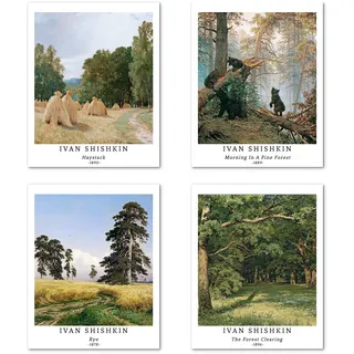 Kunstdruck Ungerahmt Klassische Landschaft Bilder Set von 4, Poster Größe: 20x25 cm Premium Kunstpapier Wanddeko Hochwertigem Grün Wald Passenden Raumdekoration Deko Ivan Shishkin Painting