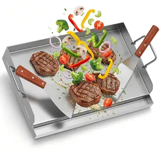 Edelstahl Grillplatte [54 x 41cm], Inkl. 2 Spatel | Große Plancha Grillplatte mit Abnehmbarer Griff & 3cm Hohem Fettauffangrinne, BBQ Grillblech für Gasgrill & Kohlegrill