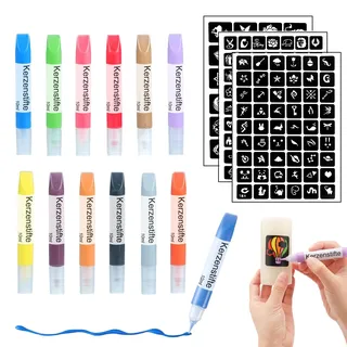 Ovaletta 12 Stück Kerzenstifte, Kerzen Bemalen Set, Wachsstifte für Kerzen, Candle Pen Ideal zum Dekorieren und Gestalten Kerzenfarbe, Keramik Bemalen Set mit 3 Stück Schablonen, je 10 ml