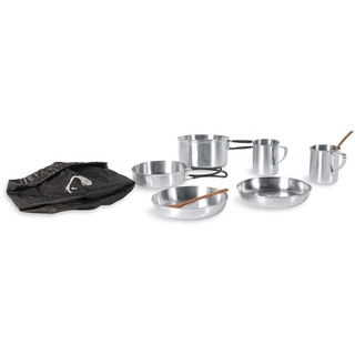 Tatonka Camping-Kochgeschirr Picnic Set (8-teilig) - Edelstahl-Geschirr fürs Picknick zu zweit - Mit Topf, Pfanne, 2x Teller, 2x Tasse mit Henkel und 2x Löffel aus Kokosholz - Schadstofffrei, Silber