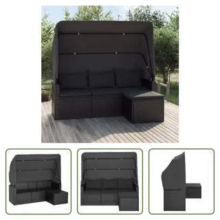 The Living Store 3-Sitzer-Gartensofa mit Dach und Fußhocker Schwarz Poly Rattan - Schwarz