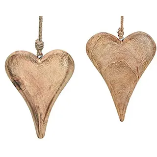 TEMPELWELT® Deko Anhänger Herz im 2er Set je 14 cm, Mango Holz Massiv, Dekoherz Herzanhänger für Fensterdeko Wanddeko Türdekoration, Hochzeitsdeko