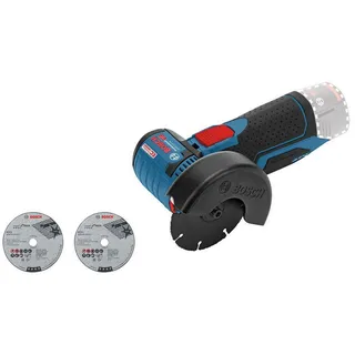 Bosch GWS 12V-76 ohne Akku + 1x Hartmetall-Trennscheibe, 1x Carbide Multi Wheel, 2x Inox-Trennscheibe, Schutzhaube, Einlage