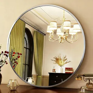 Runder Badezimmerspiegel, moderner Wand-Schminkspiegel mit Aluminiumrahmen für Wohnzimmer, Schlafzimmer, Eingangsbereich, 32'', silber, 80 cm - Silber