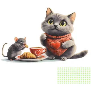 KQDRAVINE Wandtattoo Küche Selbstklebend, Maus und Katze Kaffee Wandtattoo Küche mit 144 Grüne, im Dunkeln leuchtende Sterne, Wandaufkleber Kaffeepause für Wohnzimmer, Esszimmer, Cafe Wandsticker