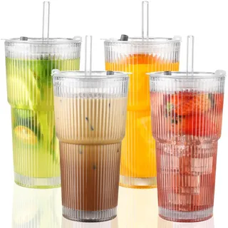 Lxoraziy 4 Stück 600 ml Trinkgläser mit Deckel und Strohhalm, Longdrinkgläser Set, Eiskaffee becher, wiederverwendbarer Smoothie-Becher für Smoothie, Latte, Macchiato, Whiskey, Geschenk