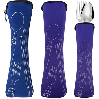 Bestecktasche für Unterwegs Leer 2 Stück Lange Besteckkoffer Tragbare Besteckbox to go Ohne Besteck für Schule Picknick Besteck Aaufbewahrung – Lila, Blau (23,5 x 6 cm)