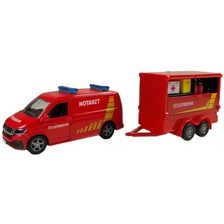 Kids Globe VW Transporter Feuerwehr mit Anhänger DE Die Cast Pull Back 27,5cm, Spielzeug für Kinder, 520321, Rot