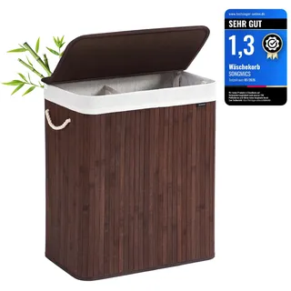 Songmics Wäschekorb 2 Fächer, 100 L Wäschesammler mit Deckel, Wäschebox Bambus, mit Griffen, faltbar, Wäschesack herausnehmbar maschinenwaschbar, Waschküche, braun LCB72Z