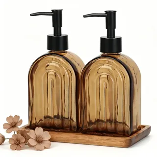 Seifenspender Glas, 400ml Braun Glass Seifenspender Set, 2 Stück Soap Dispenser Mit Pumpe, Glas Badezimmer Zubehör Sets mit Holz-Tablett,Modern Spülmittelspender für Küche Arbeitsplatte und Badezimmer