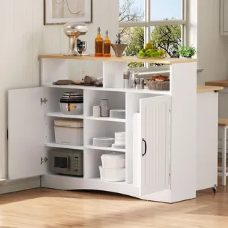 Merax Kücheninsel Servierwagen, mit Faltbar Arbeitsplatte, auf Rollen, 2 Hocker, Sideboard Kommoden mit Stauraum, Küchenwagen, Holzoptik, Weiß - Weiß