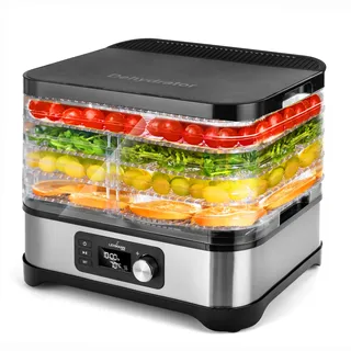 LEHMANN Dörrautomat Edelstahl 450W | Dörrgerät für Lebensmittel mit 5 Dörrebenen | Dehydrator mit Temperaturregler 35-70°C | Trockner für Obst, Pilze, Fleisch, Kräuter, BPA frei