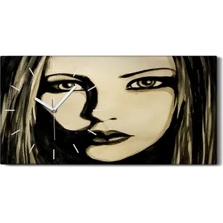 Wanduhr Bürouhr Leinwand Bild 60x30 Foto Wand Porträt Frau Mädchengesicht - weiße Hände - Schwarz