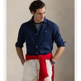 Polo Ralph Lauren für Herren. 710966294025 Marinefarbenes Leinenhemd (XL), Blau, Lässig, Langarm