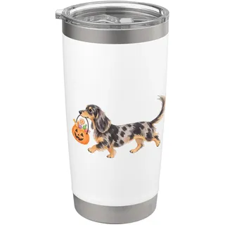 Halloween Langhaar Tigerdackel Süßes oder Saures Motiv Doppelwandiger Edelstahl-Thermobecher