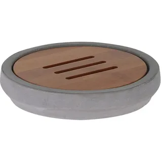 axentia Seifenschale-Seifenhalter aus Beton-Seifenablage-Holz Badzubehör für Waschbecken und Dusche-Ablage für Seife, Bambus, Grau/holzfarben, 12 x 12 x 2.5 cm, 126716