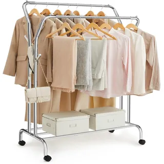 Songmics Kleiderständer auf Rollen, 2 Kleiderstangen, Garderobenstange, Garderobenständer aus Stahlrohren, bis 100 kg belastbar, 103,5 cm breit, multifunktionale Aufbewahrung, silbern HSR107E01