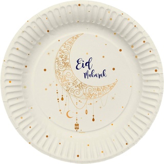 Folat Eid Mubarak Ramadan Dekoration - Teller Papier Gold Weiß 26 cm 8 Stück - Eid Deko Stern Mond Zubehör Ramadan