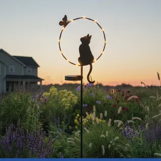 Maximex Solar LED Gartenstecker Katze mit Schmetterling, Dämmerungssensor, wetterfest, Solarlicht für Garten und Balkon, 20 x 85 x 11,2 cm, Metall
