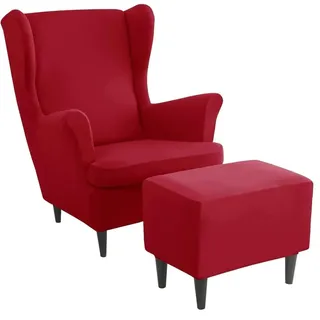 Generisch Ohrensessel überzug mit Hocker Bezug- 2 Teilig Sessel-Überwürfe+1 Teilig Ottomane Schonbezug, Beige/Grün/Rosa/Blau Schonbezüge Sesselhusse Stretch Stuhlbezug mit Armlehne,H
