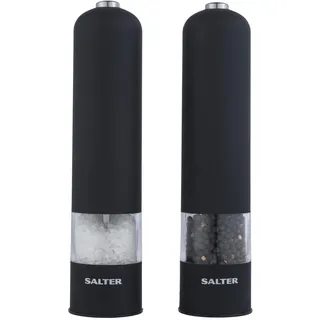 Salter 7524 BKXRUP elektrisch salzmühle/pfeffermühleset - Einhand-Bedienung, Keramikmechanismus, einstellbarer Mahl fein bis grob, BPA-Frei, beleuchteter Sockel, 60g Salz/30g Pfeffer, mattschwarzes