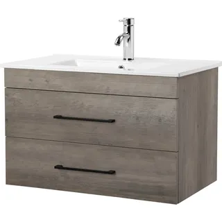 WELLTIME Waschtisch Florenz Badmöbel Badschrank mit Waschbecken, Waschplatz mit 2 Auszügen und Softclose Breite 80cm grau