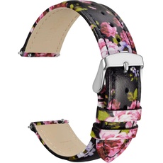 WOCCI 22mm Blumen Uhrenarmband für Damen, Echtes Leder, Schnellverschluss, Silberne Schnalle (Fuchsia Pfingstrose)