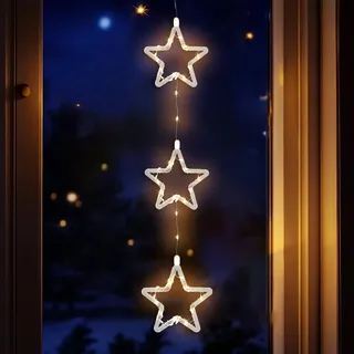 LED Weihnachtsdeko für Außen 3 Sterne mit Timer - 58 cm - Leuchstern Fensterdeko warm weiß Batterie betrieben - Transparent
