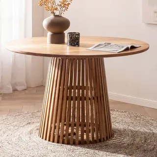 FineBuy Esstisch rund Ø 120 cm Mango Massivholz Natur – Moderner Holztisch mit Gittergestell, Design Esszimmertisch für 4 Personen, Küchentisch massiv - Braun