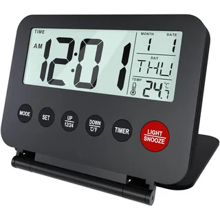 MMOBIEL Reisewecker Klappbar Digital Batteriebetrieben Tragbarer Wecker für Reisen - Digitale Uhr, Wecker, Timer, Schlummern, Datum, Temperatur, Hintergrundbeleuchtung (Ohne Batterien) - Schwarz