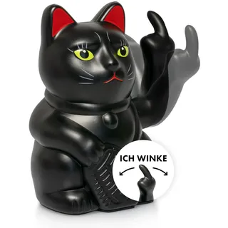 ANGRY CAT - Winkekatze Lucky CAT - Lustige winkende Katze - japanische Winkkatze mit Stinkefinger - Dekoartikel Wackelfigur Katze - Winke-Arm mit Mittelfinger - 15cm, SCHWARZ-MATT