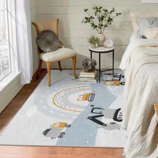 Teppich Quadratisch Klein 120x120 Waschbar in Waschmaschine Blau Bagger Teppich Kurzflor Regenbogen Teppich Gegend rutschfest Dünn Saugfähig für Bad Eingangsbereich Innen