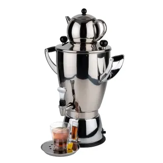 APS Samowar, Teekocher, 3-teiliges Set, Ideal für den täglichen Gebrauch für unwiderstehlichen und frisch gebrühtem Tee, 1 Set = 1 Samowar 6 Liter, 1 Teekanne 1,1 Liter, 1 Tropfschale