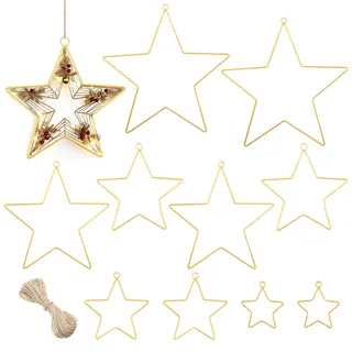 lafo 10 Stück Metall Stern Gold, 2er 10/15/20/25/30 cm Metallstern Weihnachtsdeko mit 10m Juteschnur, Stern Deko, Weihnachtsstern Deckendeko Wanddeko Fensterdeko (10, Golden)