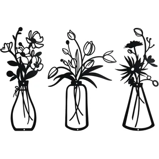 3 Stück Metall Blumen Wanddekoration,Metall Wanddeko Schwarz Wandkunst,Blume und Vase Deko Wanddekoration,Für Schlafzimmern Wohnzimmern Fluren Büros Hotels Wand Dekor Aufstelle