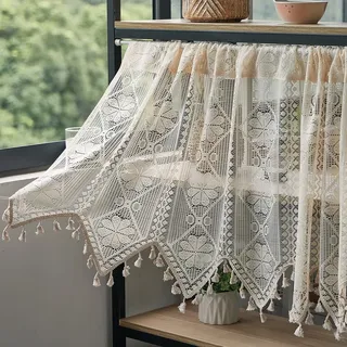 Jeeman Scheibengardinen mit Fransen Kleeblatt Häkelspitze Kurzgardine Boho | Vintage Spitzen Vorhange Halbe Gardinen Fenster Landhausstil Bistrogardine Küche Kleine Fenster Beige HxB 60x132cm 1 Stück
