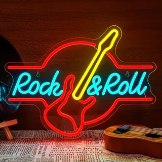 SIGNSHIP Gitarre Rock&Roll Neon Schild USB Powered Neon Sign Licht Buchstaben für Wand Raum Dekor Led Lichter für Schlafzimmer Konzertsaal Bar Club Party Hochzeit Dekoration Geburtstagsgeschenk