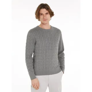 Strickpullover TOMMY HILFIGER "CLASSIC CABLE CREW NECK mit Strukturstrick und Flaglabel", Herren, Gr. M, grau (medium grau heather), Obermaterial: 100% Baumwolle, normal, Rundhals, Bündchen, Pullover Strickpullover, unifarben, casual, regular fit, Baumwolle, Rundhals
