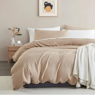 Lanqinglv Bettwäsche 135x200cm Beige Waffeloptik Waffle Handstricken Stickerei Geometrisch Muster Wendebettwäsche Set aus Mikrofaser,Bettbezugg und 1 Kissenbezug 80x80cm mit Reißverschluss