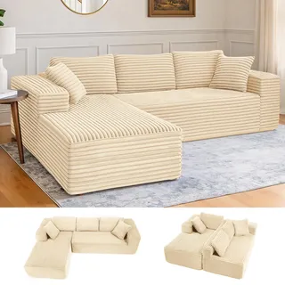 COMHOMASofa Big-Sofa, L-förmige Sofa, Couch Ecksofa, Chaiselongue Schlafsofa mit tiefer Sitzfläche und breiten Armlehnen, Cordstoff, beige-R - Beige
