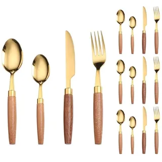 Royal Shang Youpin Einzigartiger Holzgriff Für Die Küche, Edelstahl, Besteck, Besteck, Besteck, Steakmesser, Gabel, Löffel, Teelöffel (Gold,16 Stück)