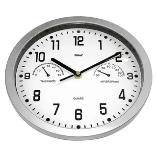 Wanduhr Ø 26 cm mit Thermometer Hygrometer modern weißes Zifferblatt Quarzwerk silber 06992 - Silber
