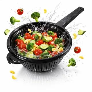 Stielsieb Kunststoff Stielseiher Nudelsieb mit Griff Küchensieb Abtropfsieb Sieb Plastik Handsieb Seiher Blanchiersieb Küchenhelfer Abseiher Salatsieb Passiersieb Spitzsieb stapelbar 40 cm schwarz