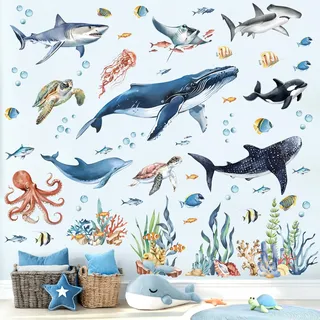 decalmile Wandsticker Unter dem Meer Fisch Groß Wandtatto Unterwasserwelt Hai Delphin Meeresschildkröte Wal Wandaufkleber Babyzimmer Badezimmer Kinderzimmer Wanddeko