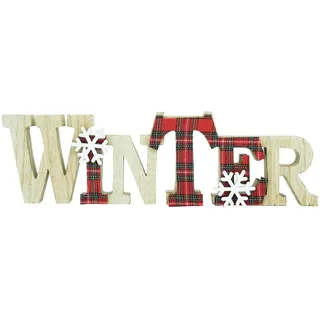 Heitmann Deco Holzschriftzug Winter – aus Naturholz mit rotem Karomuster & weißen Schneeflocken – ca. 32 cm Dekofigur
